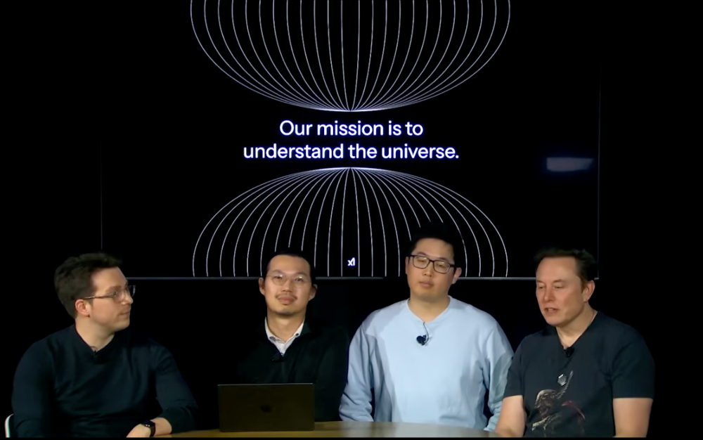 从左到右分别为：Igor Babuschkin、Jimmy Ba、吴宇怀、Elon Musk（来源：YouTube）