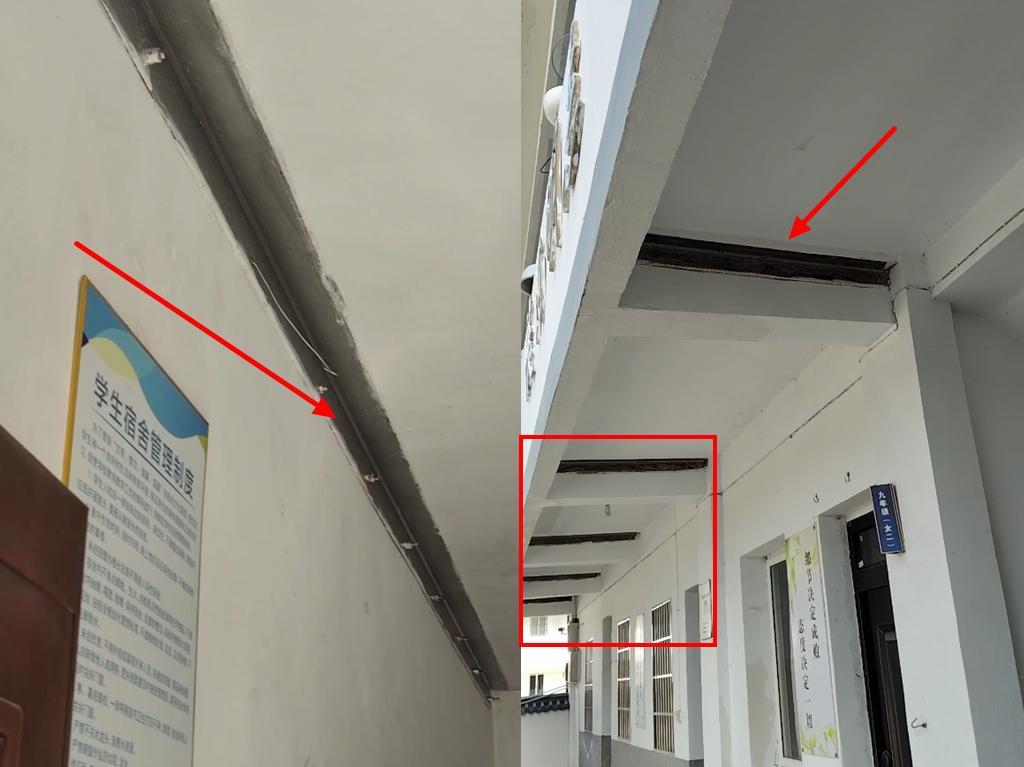 宿舍内部以及走廊顶部的挑梁均加装了L型钢。受访者供图