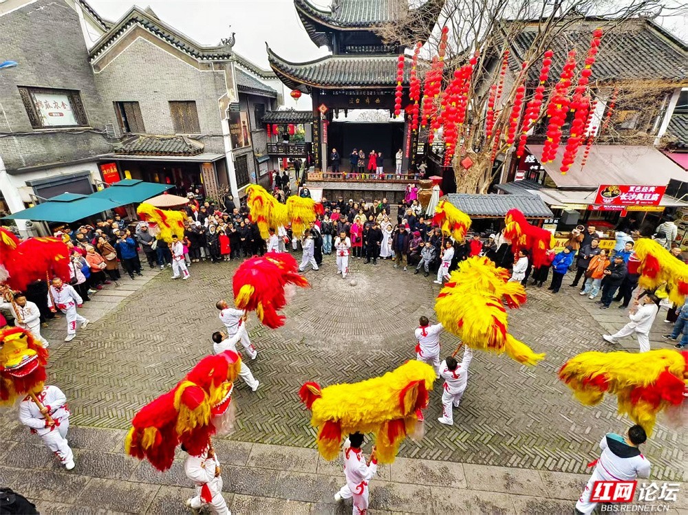 @何攸平：跟着镜头追狮队！从瞻岳门到岳阳楼，一路锣鼓一路欢腾。这场盛大表演，不仅为庙会注入了火热活力，更绘就了岳阳新春的热闹图景。