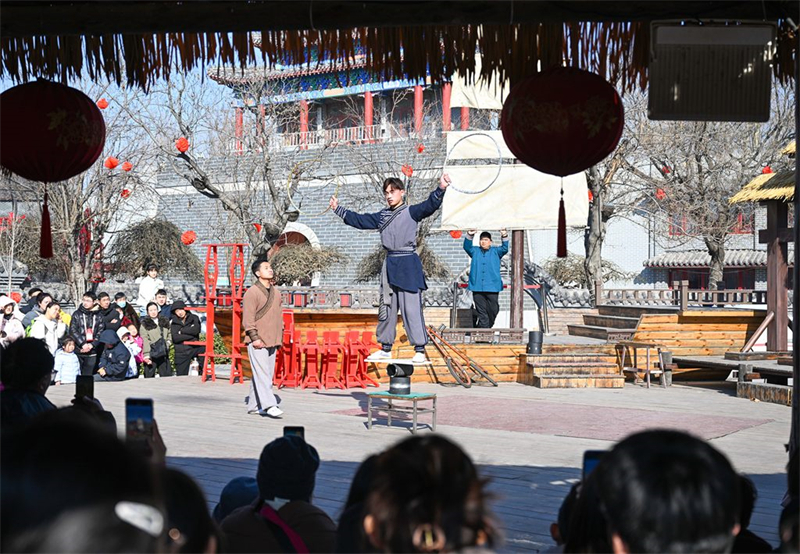 2月18日，游客在吴桥杂技大世界观看杂技表演。