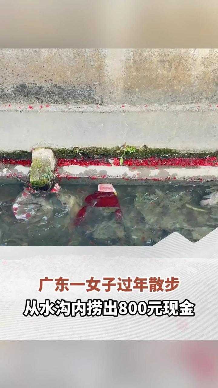 广东一女子散步时从水沟里打捞出800元钱，“水为财，寓意新年财源广进”