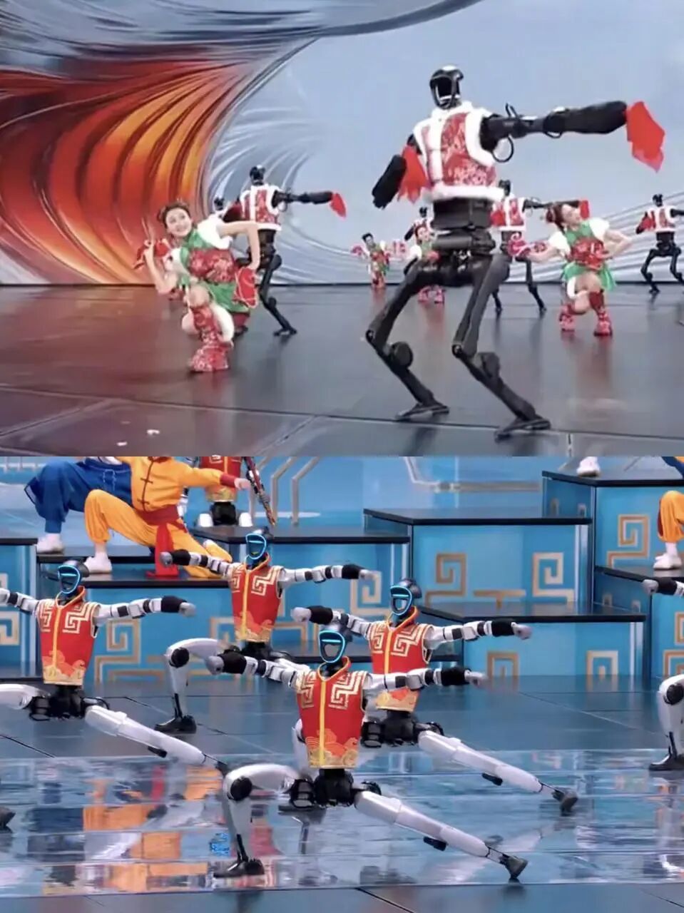 上/下图分别为2025/2026年的宇树春晚节目对比，可以看出宇树机器人形态更成熟，没有外露线束，腿部线条更拟人，还长出了真正的“手”；图片来源：春晚视频截图