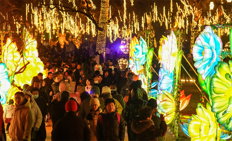 2月18日，游客在承德避暑山庄新春灯会游玩。