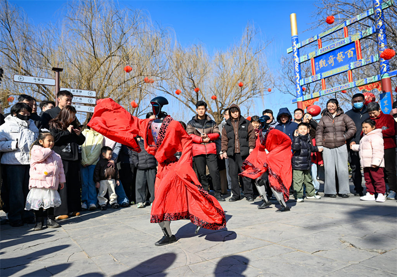 2月18日，游客在吴桥杂技大世界观看机器人杂技表演。