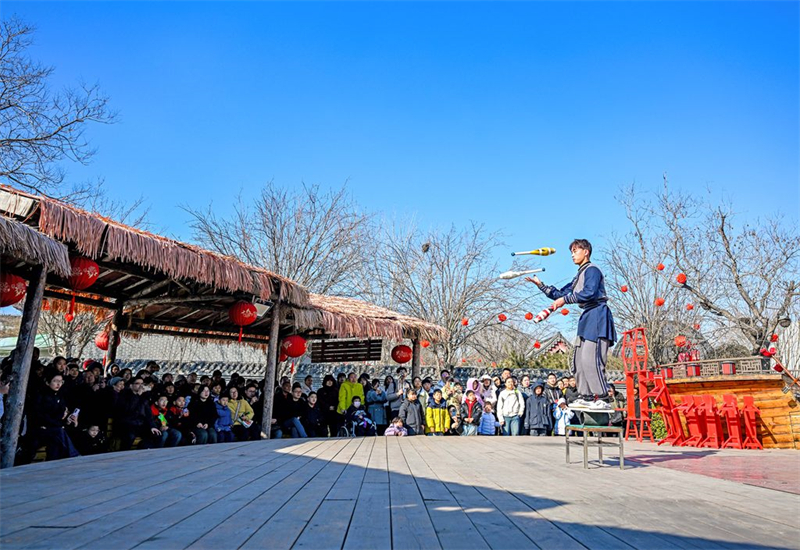 2月18日，游客在吴桥杂技大世界观看杂技表演。