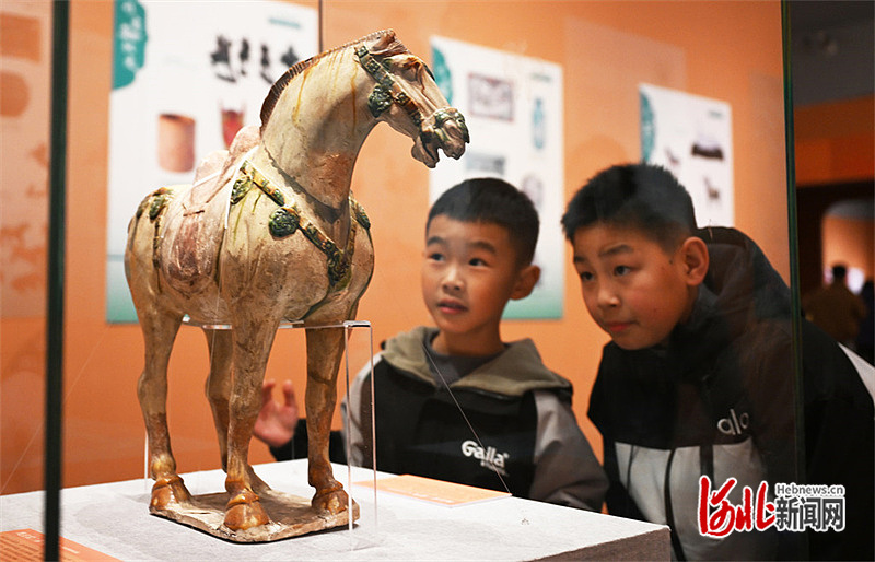 2月17日，小游客在河北博物院观看院藏文物巩县窑三彩马。