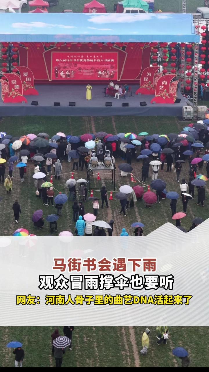 马街书会遇下雨，观众冒雨撑伞也要听，网友：河南人骨子里的曲艺DNA活起来了#马年马街赶书会