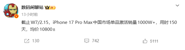 均价破万也挡不住!iPhone 17 Pro Max国内卖爆 150天激活销量超1000万台