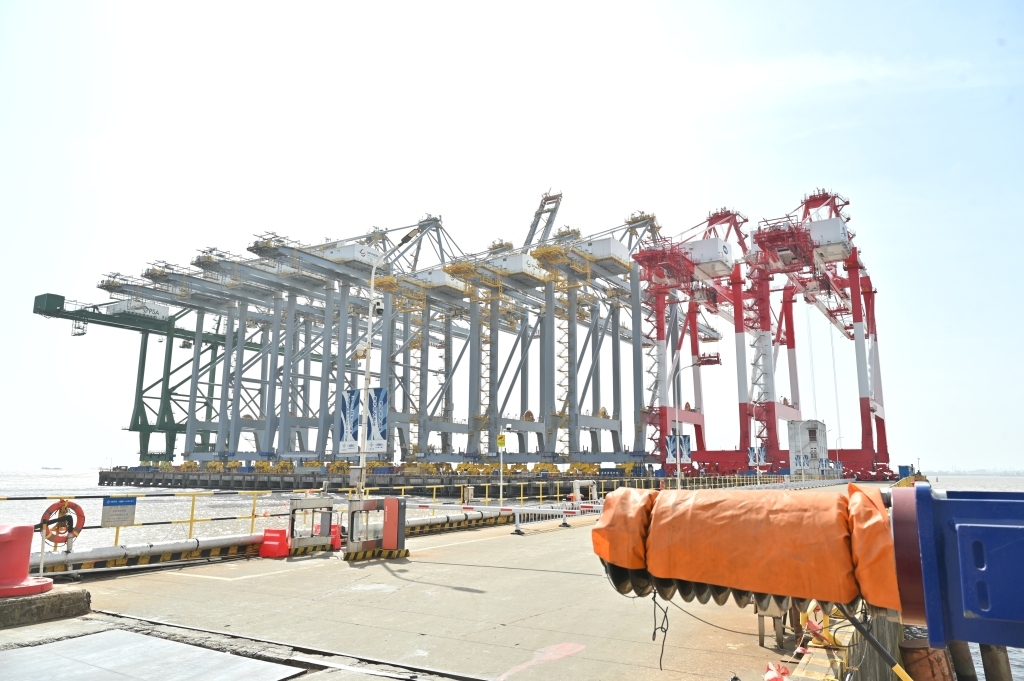 最右两台上港集团的岸桥，预计3月1号即可装船发运。 澎湃新闻记者 张呈君 图