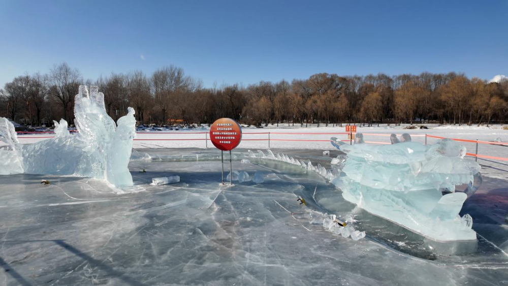 1月19日，长春市南湖公园内《龙凤呈祥》冰雕作品。新华社记者 姜明明摄