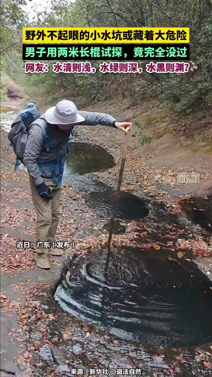 野外不起眼的小水坑或藏着大危险，男子用两米长棍试探，竟完全没过，网友：水清则浅，水绿则深，水黑则渊？#野外生存 #科普