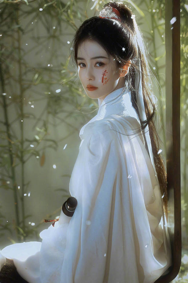 白鹿在竹林飞雪中回眸，清冷决绝。