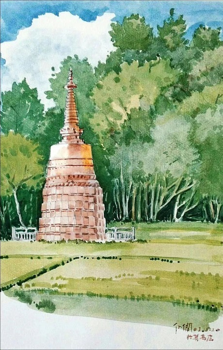 孙儒僴绘制的莫高窟一景 受访者供图