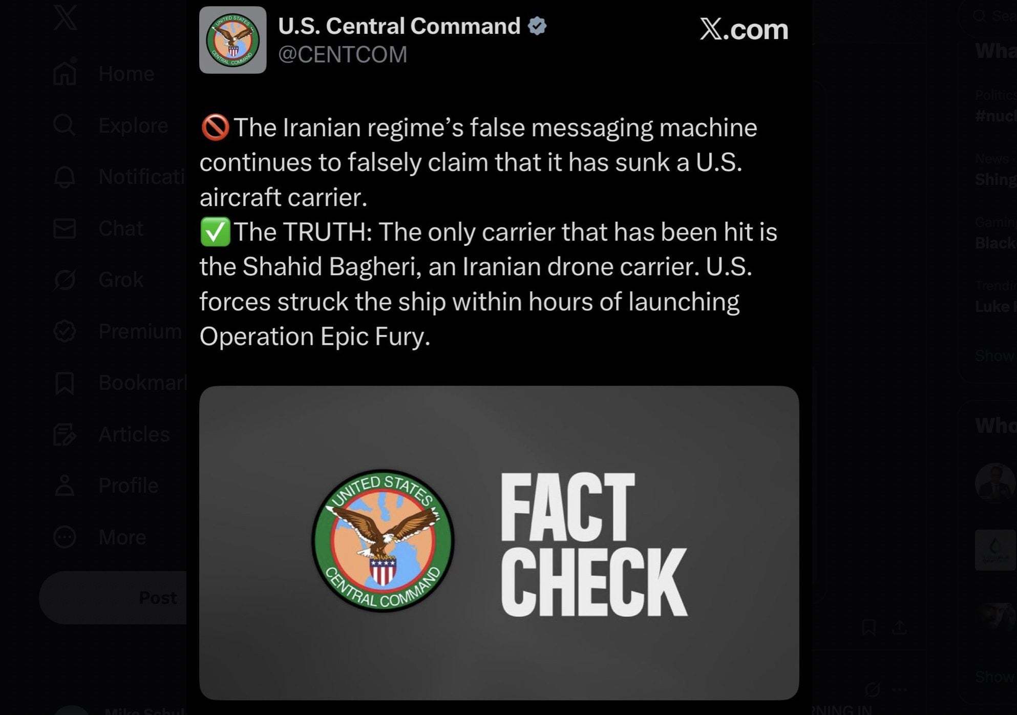 美中央司令部:有一艘航母被击中,不过是伊朗的