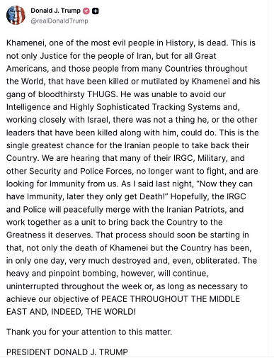 特朗普宣布哈梅内伊已死