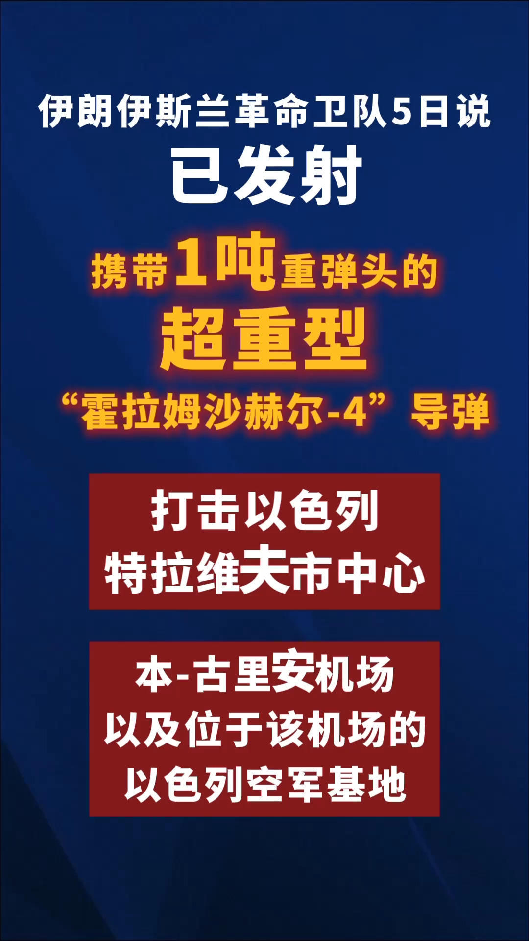 伊朗伊斯兰革命卫队：已发射携带1吨重弹头的 超重型“霍拉姆沙赫尔-4”导弹