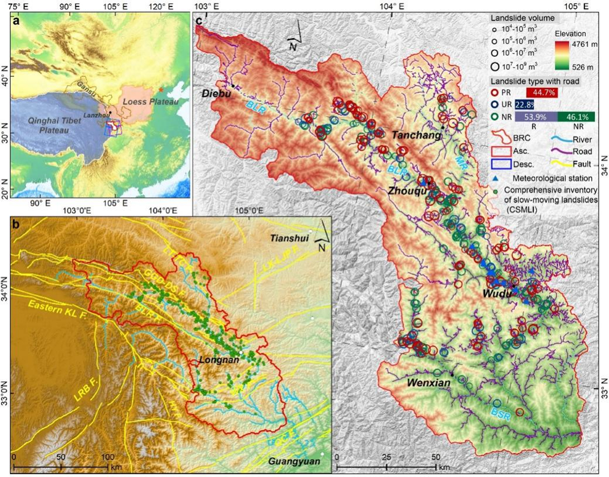 青藏高原东缘区域构造背景、大型慢速滑坡分布与道路的空间关系