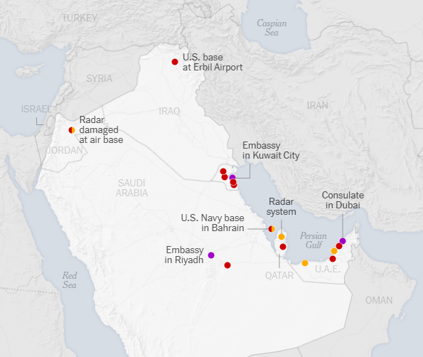 红色标识为遭打击的美军基地 橙色为防空设施 紫色为美使领馆