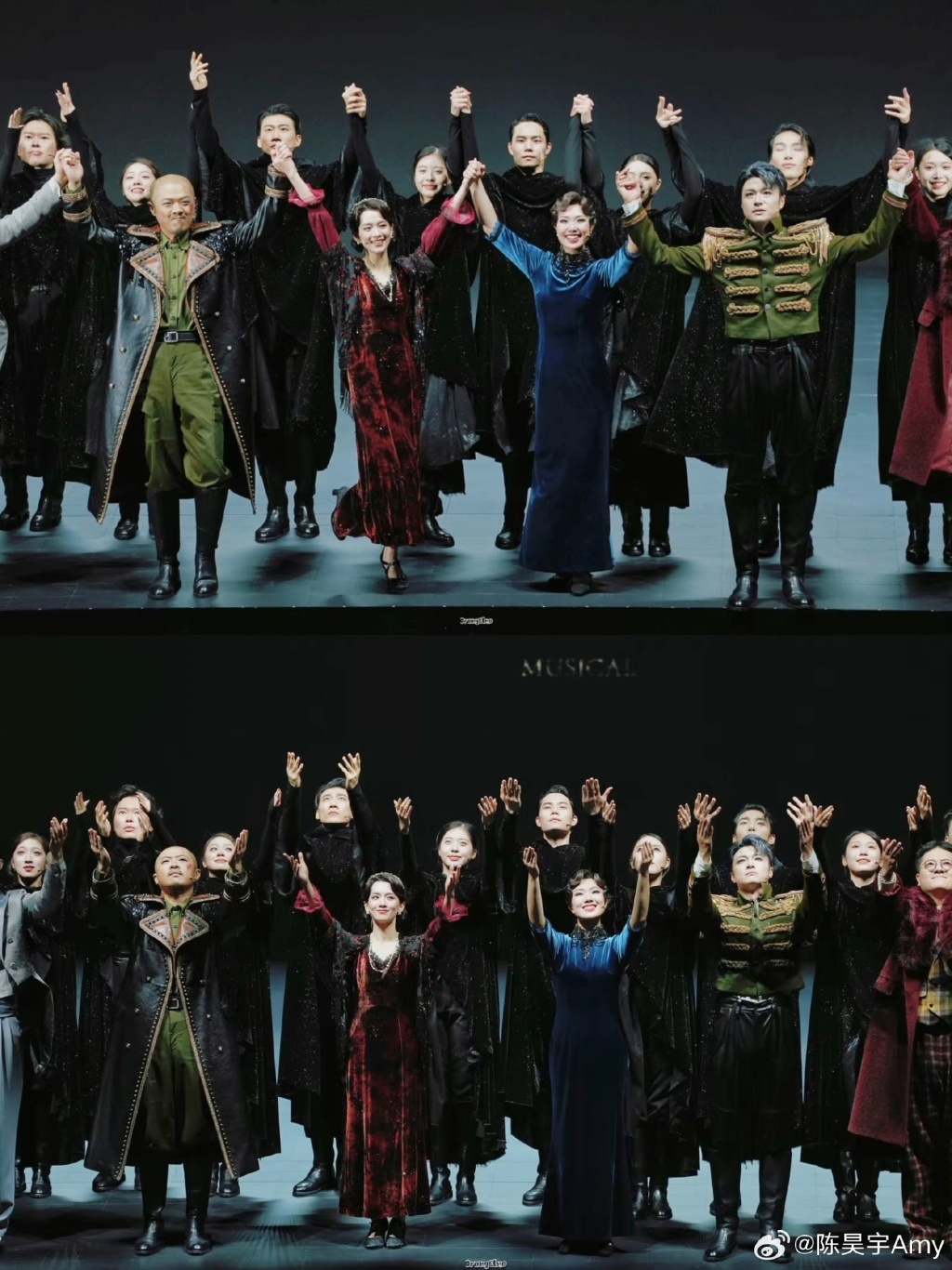 音乐剧《风声》谢幕，前排着红裙者为陈昊宇