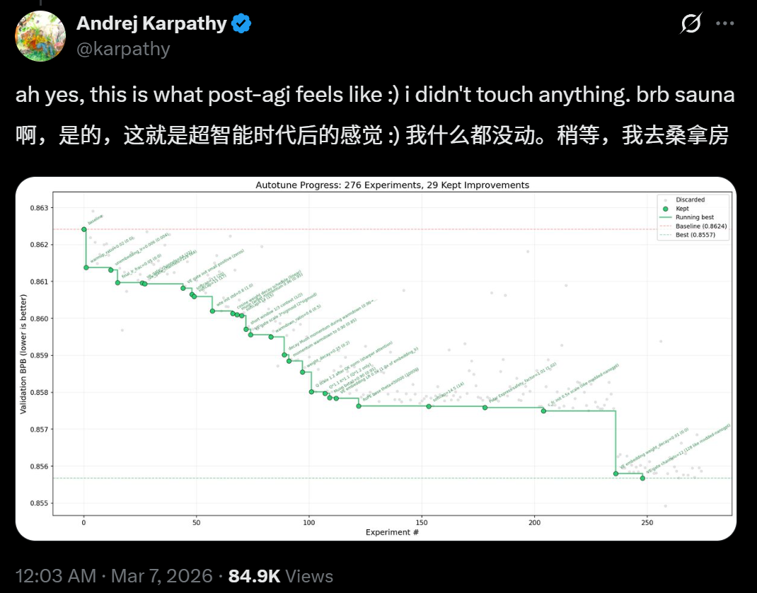 刚刚,Karpathy惊呼“后AGI”!AI通宵狂改110次代码,他去蒸桑拿