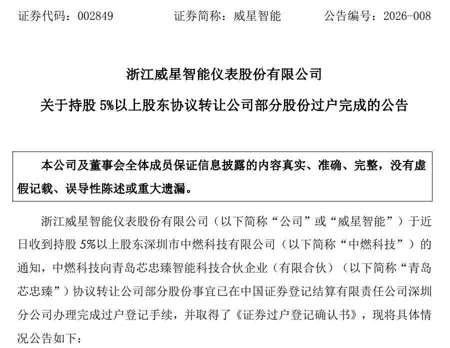 威星智能：作价约1.68亿元，青岛芯忠臻受让约1167万股公司股份