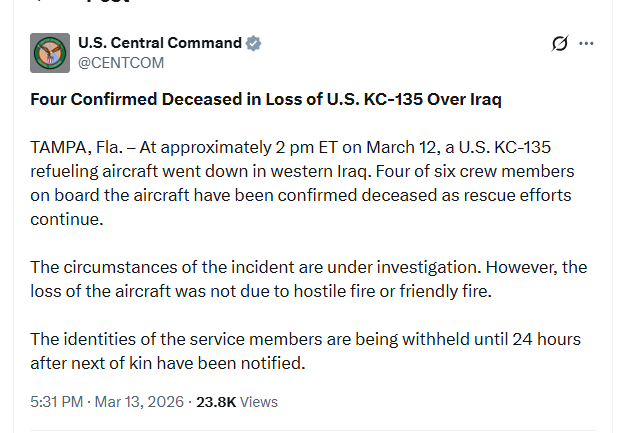 美军方证实:KC-135加油机在伊拉克坠毁,已人死亡