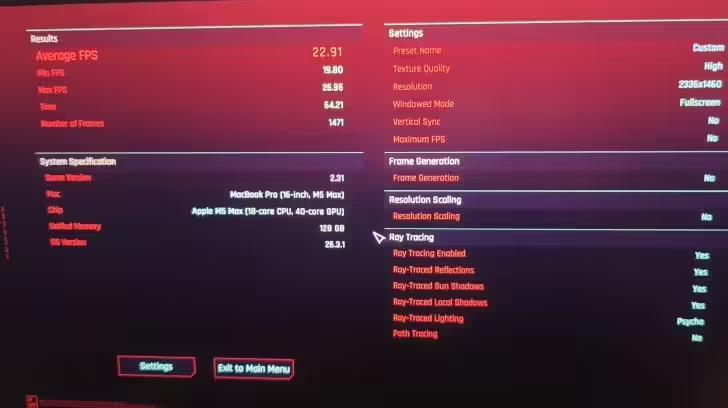 M5 Max MacBook gets tested in Cyberpunk 2077 and goes up against the laptop versions of the RTX 4090 and RTX 5080