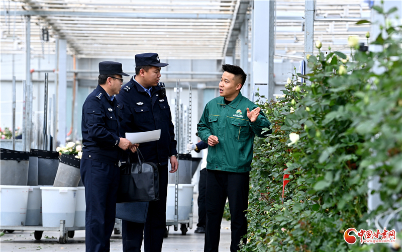 图为兰州新区分局西岔派出所民辅警在新区农业示范园花卉产业基地走访宣传
