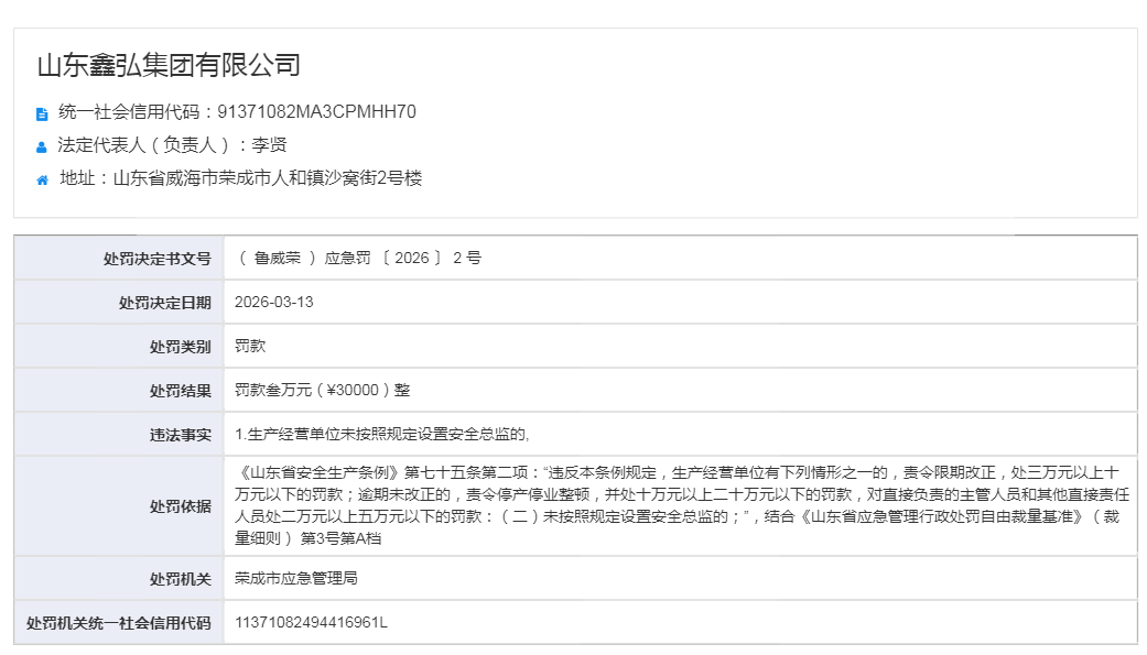 未设安全总监，鑫弘集团被罚3万元