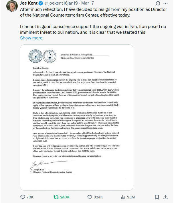 美媒:白宫未料到他会以公开信的方式辞职