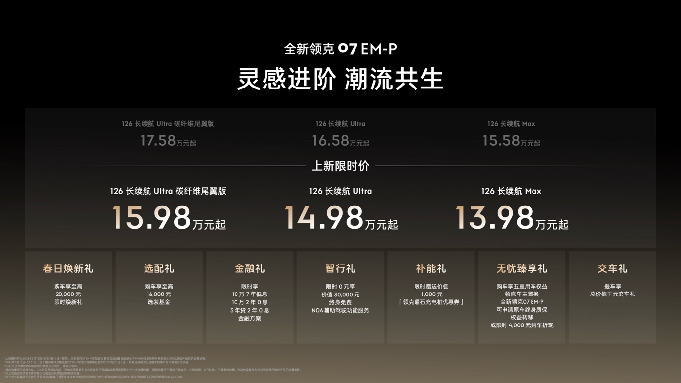 全新领克07 EM-P全系限时价13.98万元起 新增碳纤维尾翼版