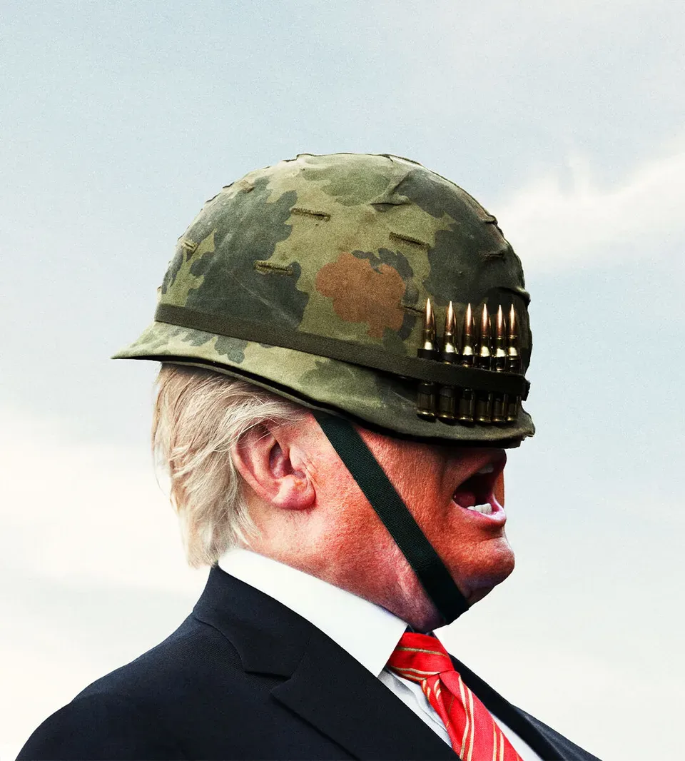 《经济学人》最新封面人物:反戴军用头盔的特朗普,被遮住双眼