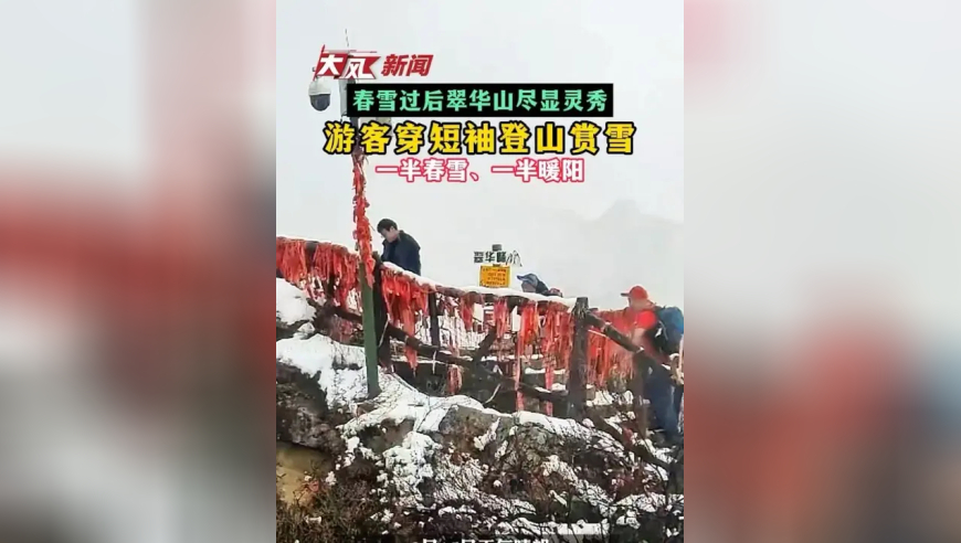 春雪过后翠华山尽显灵秀 游客穿短袖登山赏雪 一半春雪 一半暖阳