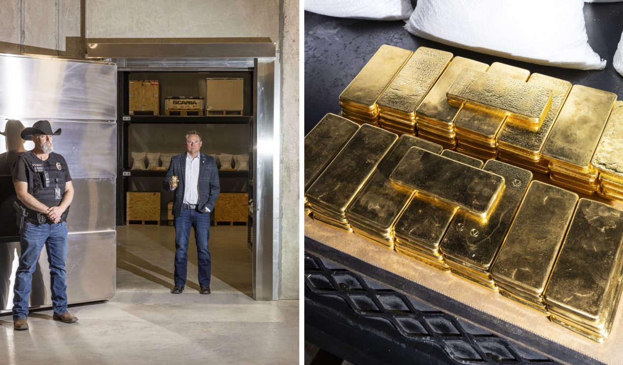 怀俄明州储备公司首席执行官乔什&middot;费尔在卡斯珀的金库里，以及储存在金库里的金条