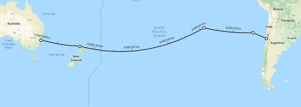 ▎洪堡光缆线路示意图:智利与谷歌等合作建设,连接智利与澳大利亚,为南美至亚太首条直达海底光缆。