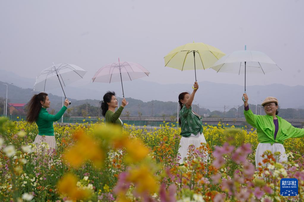 3月15日，游客在彩色油菜花田里游玩。