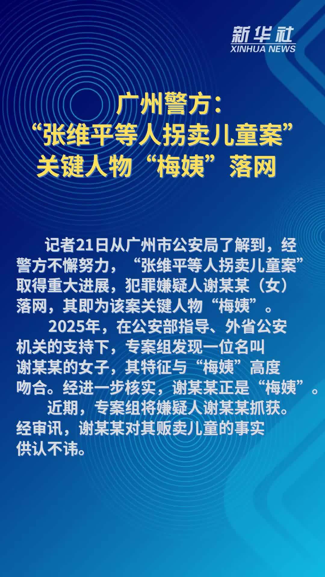 广州警方：“张维平等人拐卖儿童案”关键人物“梅姨”落网