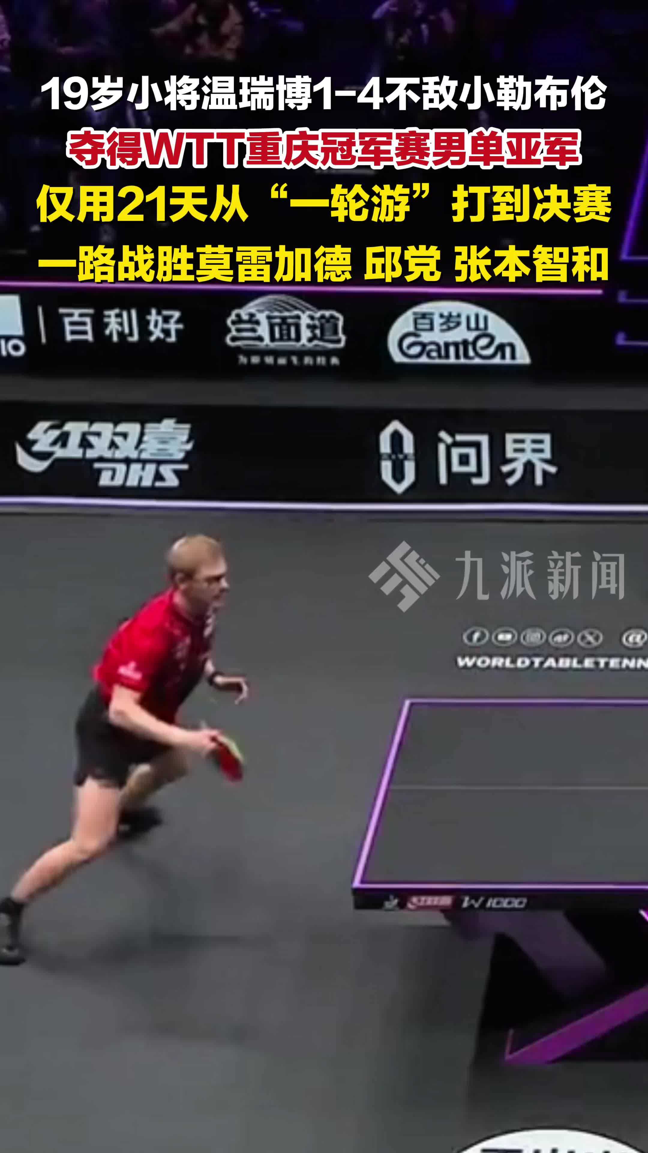 1-4不敌小勒布伦，19岁小将温瑞博夺WTT重庆冠军赛男单亚军