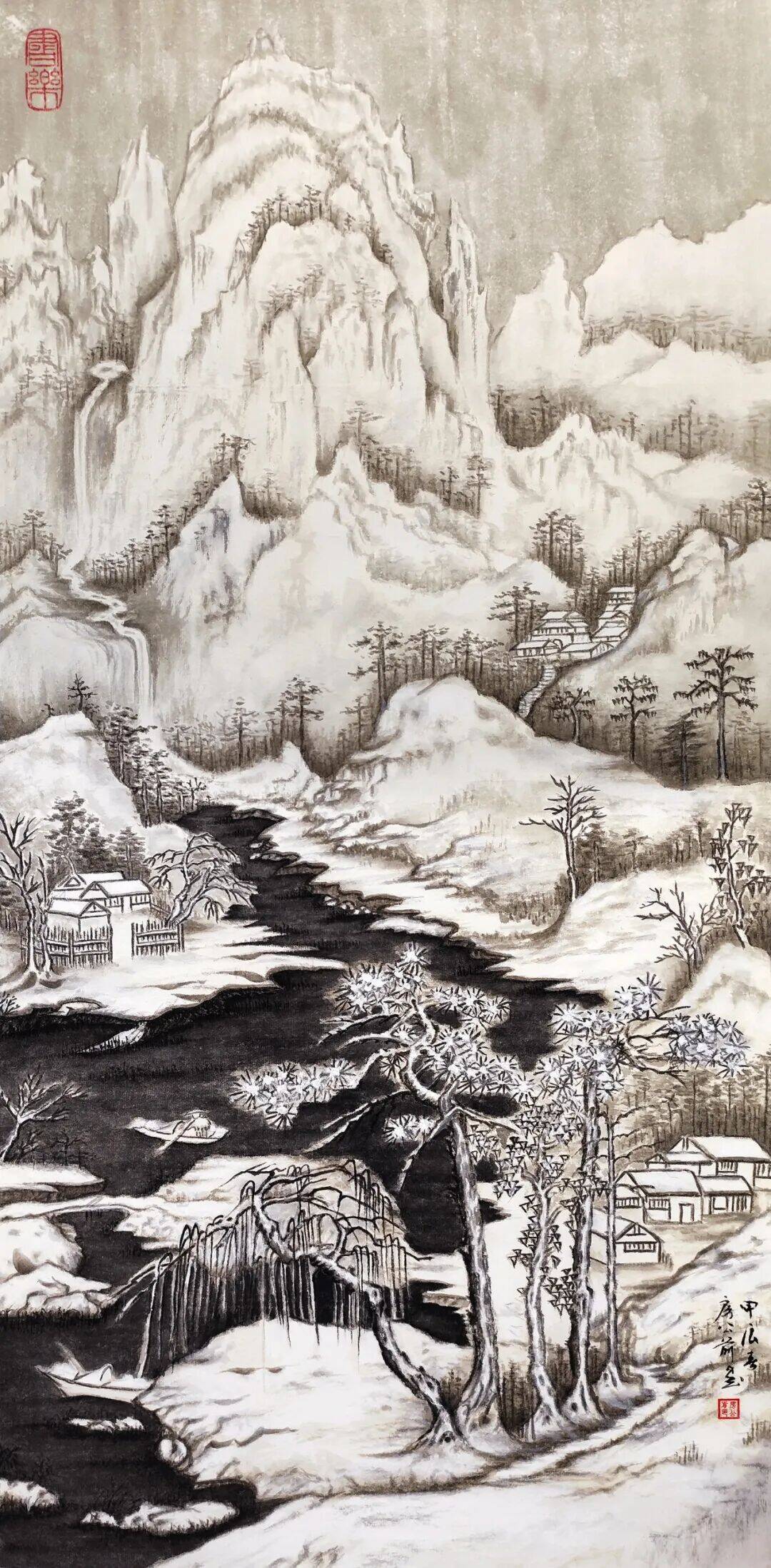 《雪山景色》山东省济南市槐荫区花园艺术工坊 房公前作（刊登于《老年教育》2026年2月份月刊中）