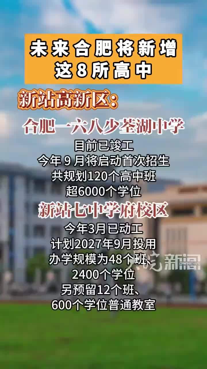 未来合肥将新增这8所高中#合肥本地 大皖新闻讯 近年来，合肥市持续加大优质高中教育资源布局力度，合肥新站高新技术产业开发区、合肥高新区、合肥经开区、合肥滨湖新区一批新建高中项目建设提速，其中两所学校将