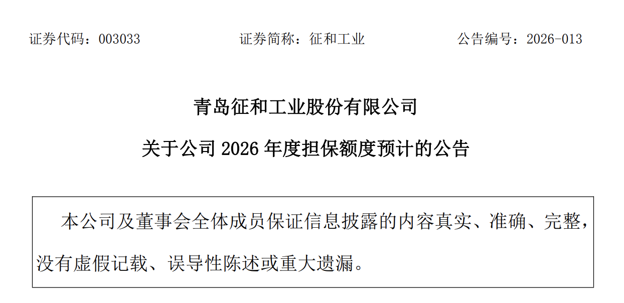 青岛征和工业：为控股子公司提供2亿元担保