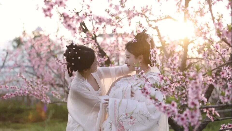 峡江县金坪乡景区内，游客趁着桃花正盛，拍汉服写真。 峡融共 摄