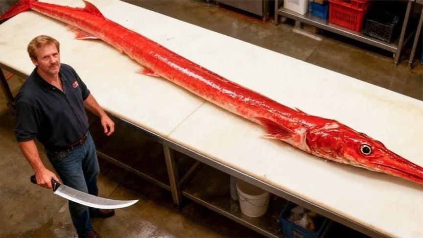 国外高手杀鱼，宰杀稀有红色2米长飞鱼，带大家见识一下怎么吃