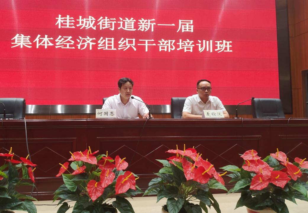 桂城街道总工会主席何国恩（左）对培训班进行总结。