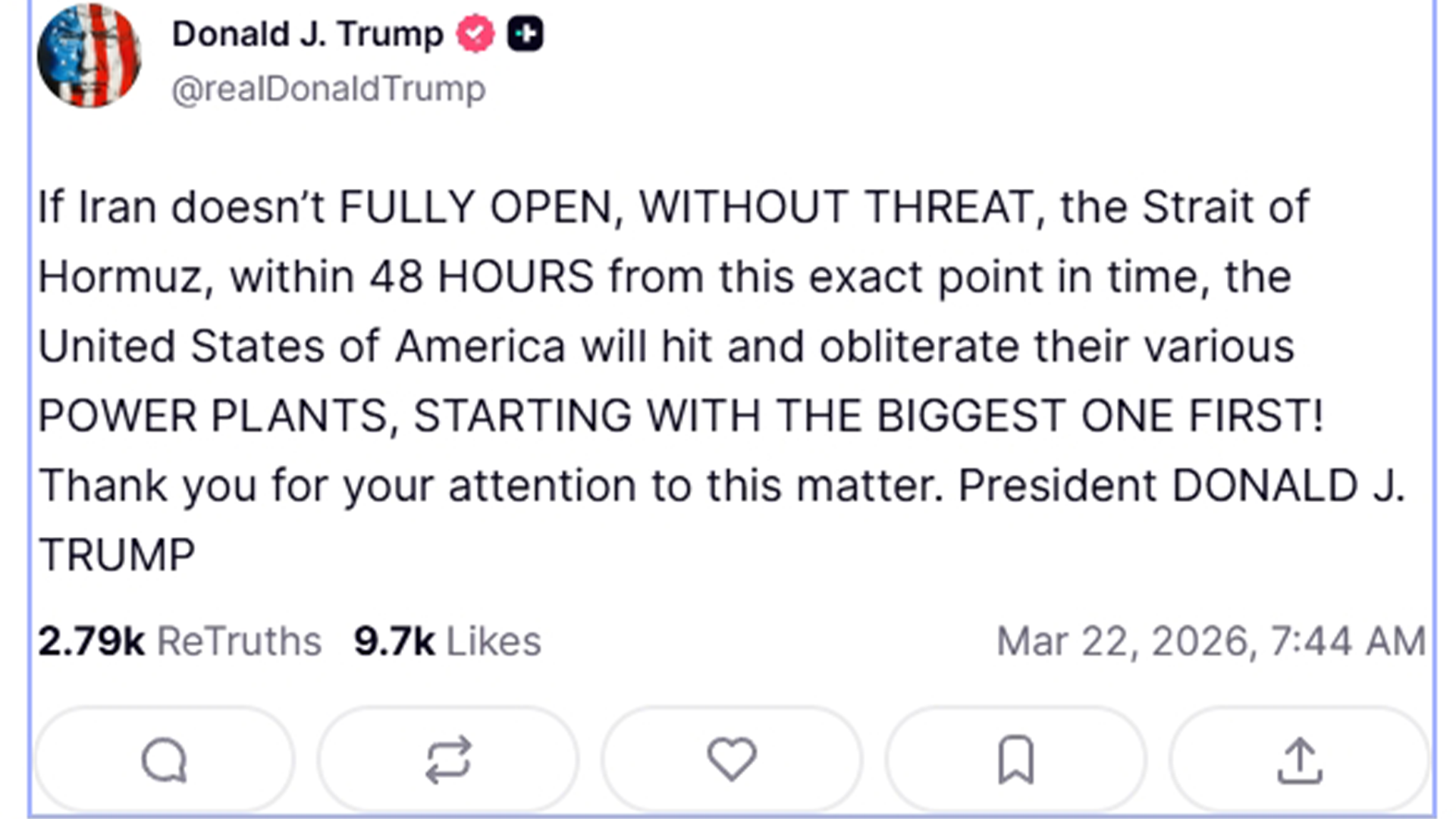 特朗普要求伊朗“48小时内开放霍尔木兹海峡”，否则将摧毁其各类发电厂