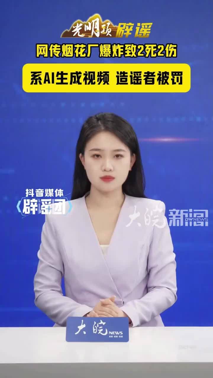 网传烟花厂爆炸致2死2伤，系AI生成视频 造谣者被罚#媒体辟谣团 “江西萍乡上栗烟花厂爆炸，2死2伤。”这条视频最近在网上传播，画面一片废墟、浓烟滚滚，引发不少网民关注。但当地警方一查，发现“爆炸”并