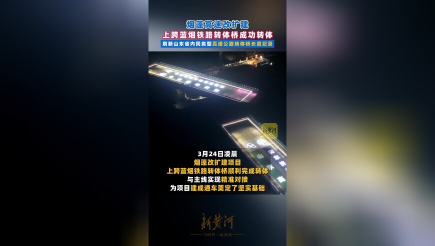 烟蓬高速改扩建上跨蓝烟铁路转体桥成功转体，刷新山东省内同类型高速公路转体桥长度纪录