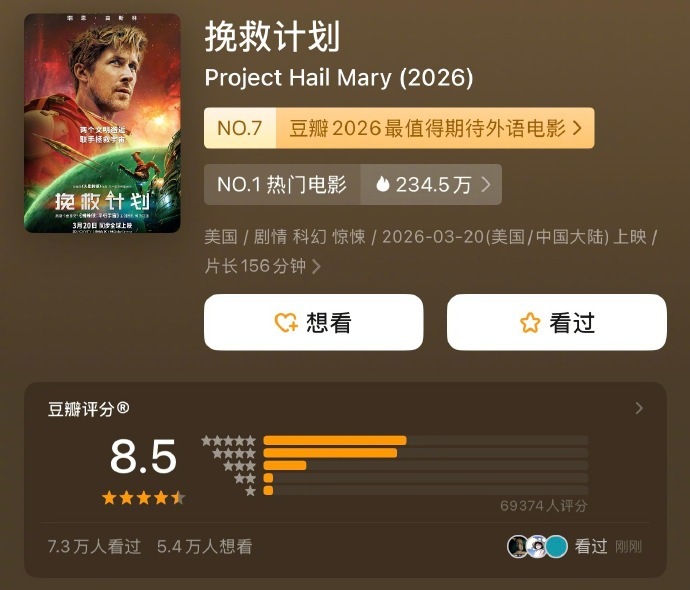 《挽救计划》豆瓣开分8.5