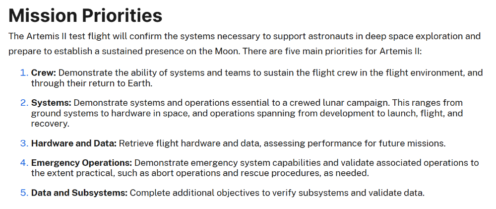阿尔忒弥斯2号任务优先级 | 图源：NASA