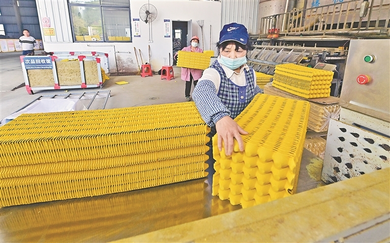 为完善产业链，由赣州市力展农业有限公司运营的赣州市首家蛋托厂，以废旧材料为原料，日产能22万片，年产量超7000万片。